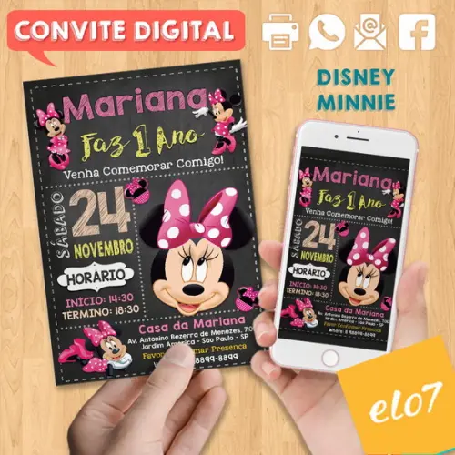 Convite Digital Aniversário Minnie Rosa