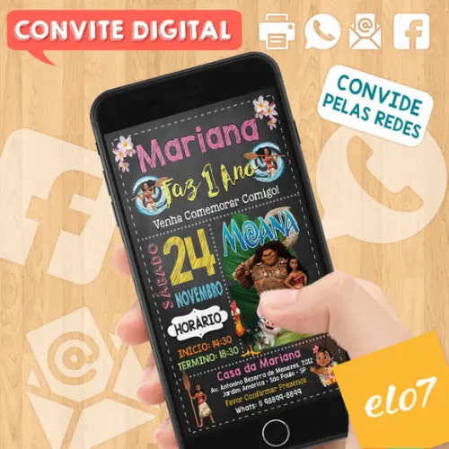 Convite Digital Aniversário Moana Disney