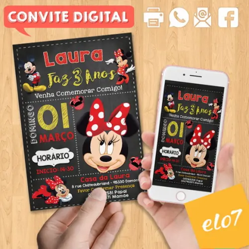 Convite Digital Aniversário Minnie Vermelho