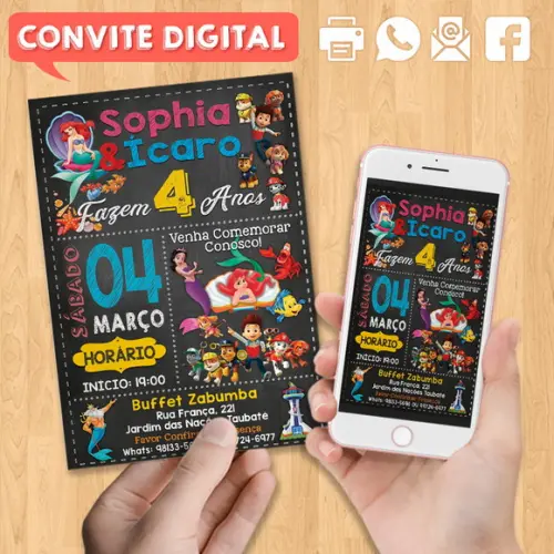 Convite Digital Aniversário para Gêmeos Dois Temas