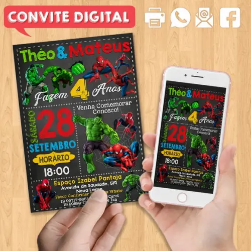 Convite Digital Aniversário para Gêmeos Dois Temas 4 Anos