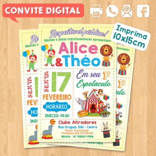 Convite Digital Aniversário para Gêmeos Festa no Circo