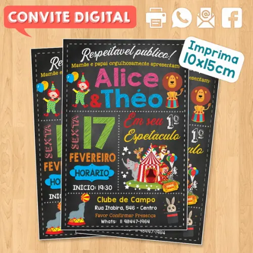 Convite Digital Aniversário para Gêmeos Festa no Circo