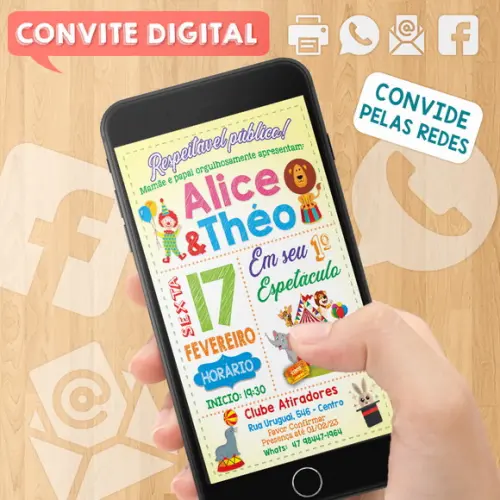 Convite Digital Aniversário para Gêmeos Festa no Circo
