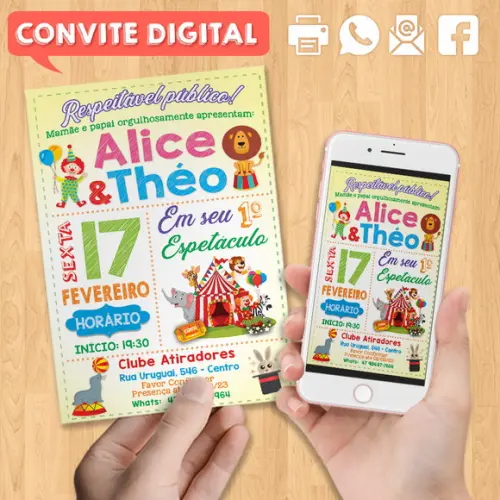 Convite Digital Aniversário para Gêmeos Festa no Circo