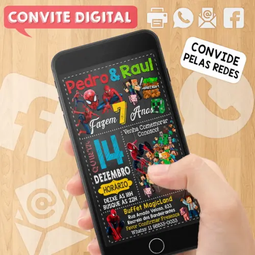 Convite Digital Aniversário para Gêmeos ou Amigos Dois Temas
