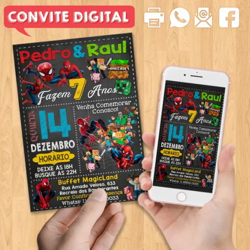 Convite Digital Aniversário para Gêmeos ou Amigos Dois Temas