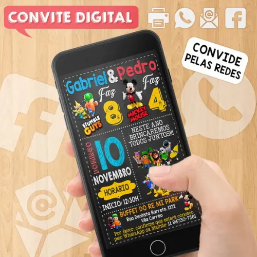 Convite Digital Aniversário para Irmãos ou Amigos Dois Temas