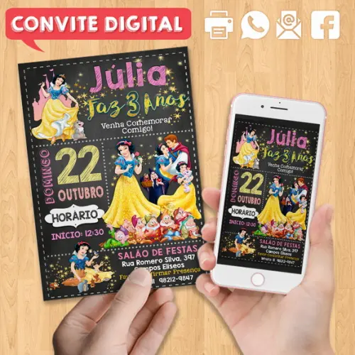 Convite Digital Aniversário Princesas Disney Branca de Neve