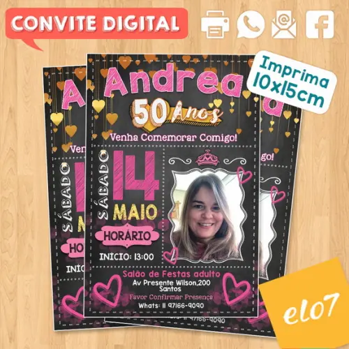 Convite Digital Aniversário Rosa Dourado 50 Anos Andreia
