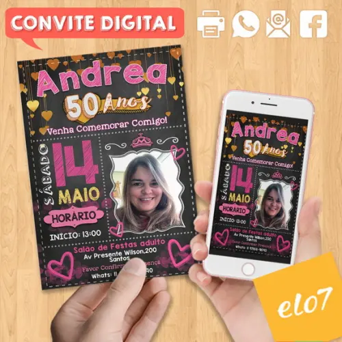 Convite Digital Aniversário Rosa Dourado 50 Anos Andreia