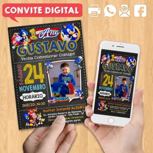 Convite Digital Aniversário Sonic com Foto