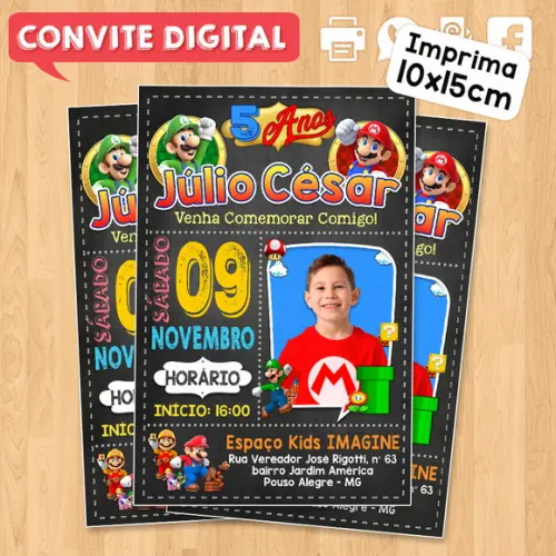 Convite Digital Aniversário Super Mario Bros com Foto