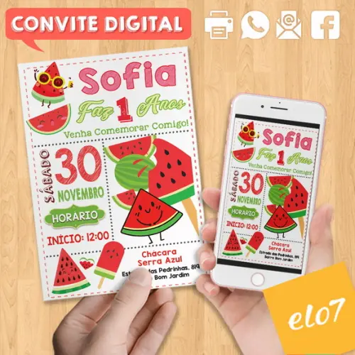 Convite Digital Aniversário Tema Melancia