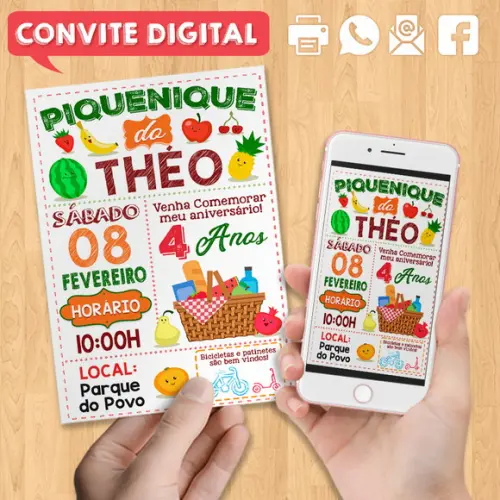 Convite Digital Aniversário Tema Piquenique 4 Anos