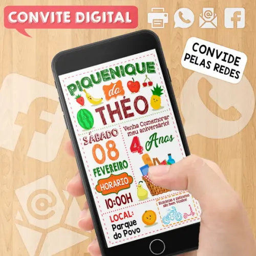 Convite Digital Aniversário Tema Piquenique 4 Anos