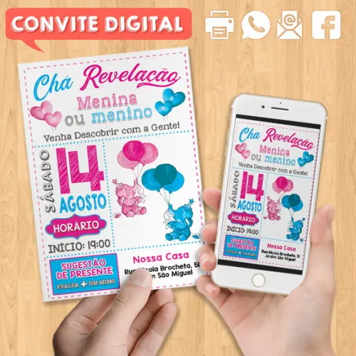Convite Digital Chá De Revelação Elefante Rosa E Azul