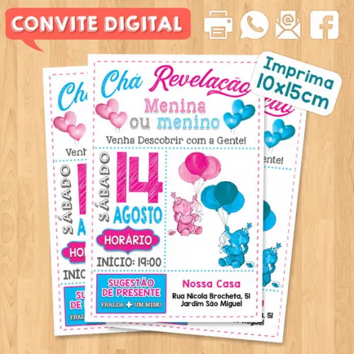 Convite Digital Chá De Revelação Elefante Rosa E Azul