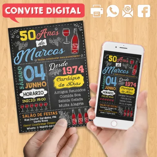 Convite Digital Festa de Aniversário 50 Anos Vinho