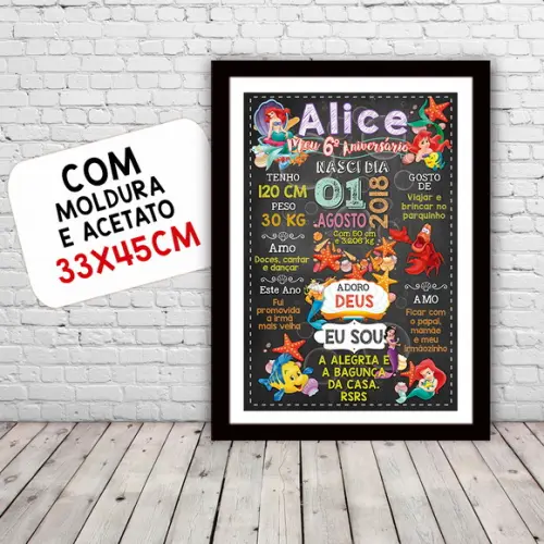 Poster Chalkboard Aniversário a Pequena Sereia 30x42cm