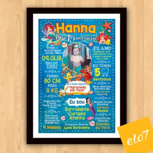 Poster Chalkboard Aniversário A Pequena Sereia 30x42cm