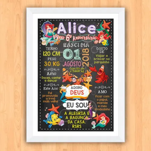 Poster Chalkboard Aniversário a Pequena Sereia 30x42cm