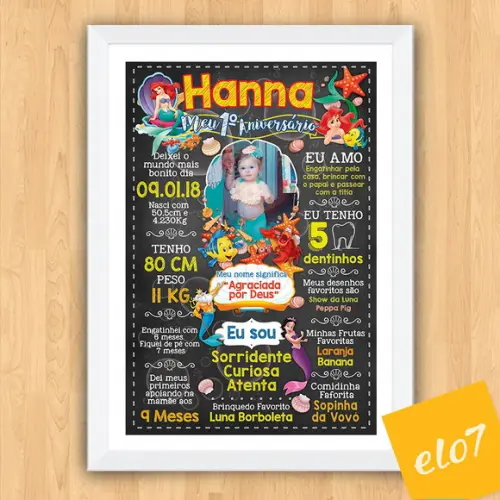 Poster Chalkboard Aniversário A Pequena Sereia 30x42cm