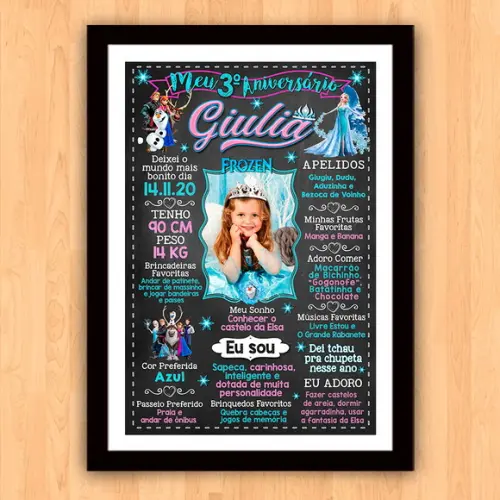 Poster Chalkboard Aniversário Frozen 3 Anos 30x42cm