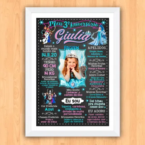 Poster Chalkboard Aniversário Frozen 3 Anos 30x42cm