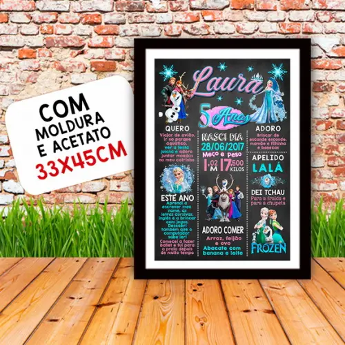 Poster Chalkboard Aniversário Frozen 5 Anos 30x42cm