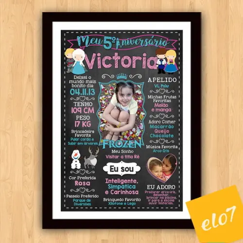 Poster Chalkboard Aniversário Frozen 5 Anos 30x42cm
