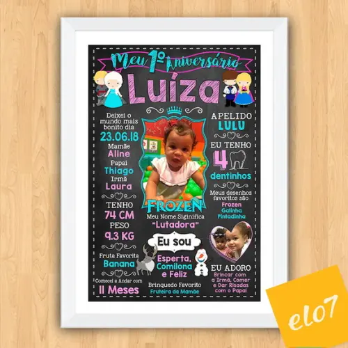 Poster Chalkboard Aniversário Frozen Com Foto 30x42cm
