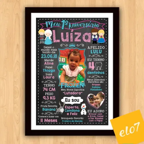 Poster Chalkboard Aniversário Frozen Com Foto 30x42cm