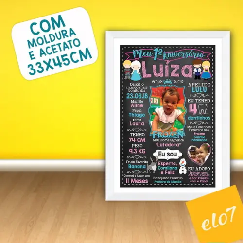 Poster Chalkboard Aniversário Frozen Com Foto 30x42cm