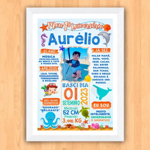 Poster Chalkboard Aniversário Fundo do Mar 30x42cm