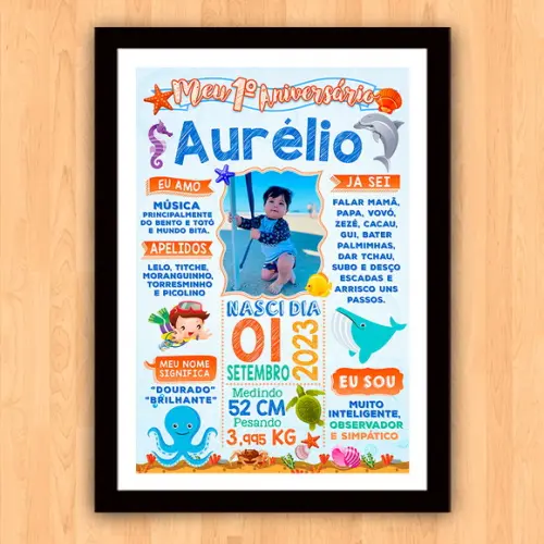 Poster Chalkboard Aniversário Fundo do Mar 30x42cm