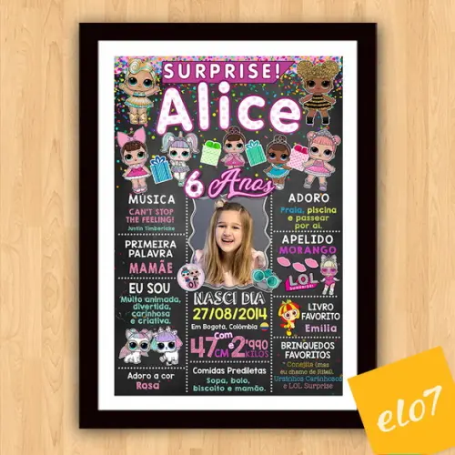 Poster Chalkboard Aniversário Lol Surprise 6 Anos 30x42cm