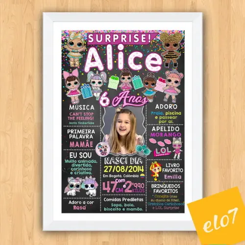 Poster Chalkboard Aniversário Lol Surprise 6 Anos 30x42cm