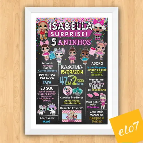 Poster Chalkboard Aniversário Lol Surprise 5 Anos 30x42cm