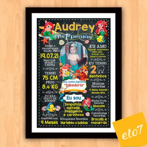 Poster Chalkboard Aniversário Pequena Sereia Baby 30x42cm