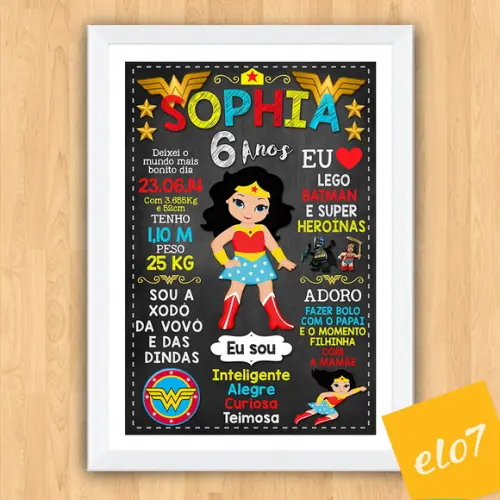 Poster Chalkboard Aniversário Mulher Maravilha 6 Anos A3