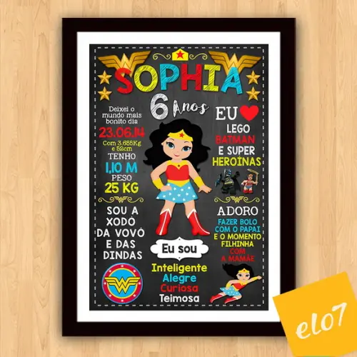 Poster Chalkboard Aniversário Mulher Maravilha 6 Anos A3