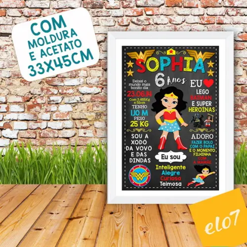 Poster Chalkboard Aniversário Mulher Maravilha 6 Anos A3