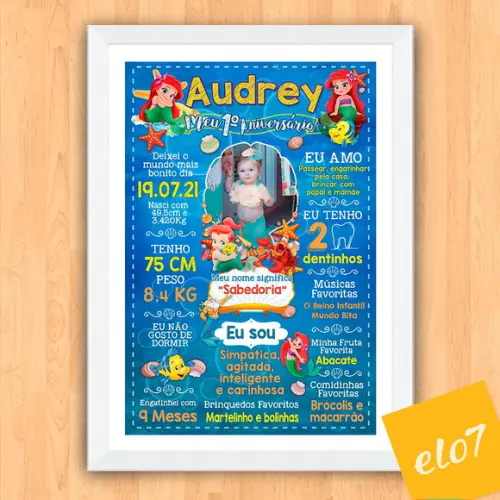 Poster Chalkboard Aniversário Pequena Sereia Baby 30x42cm