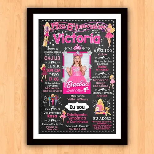 Poster Quadro Aniversário c/ Moldura Barbie 6 Anos 30x42cm