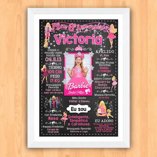 Poster Quadro Aniversário c/ Moldura Barbie 6 Anos 30x42cm
