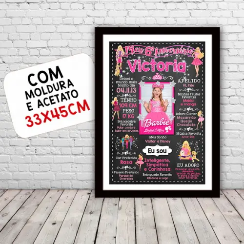 Poster Quadro Aniversário c/ Moldura Barbie 6 Anos 30x42cm