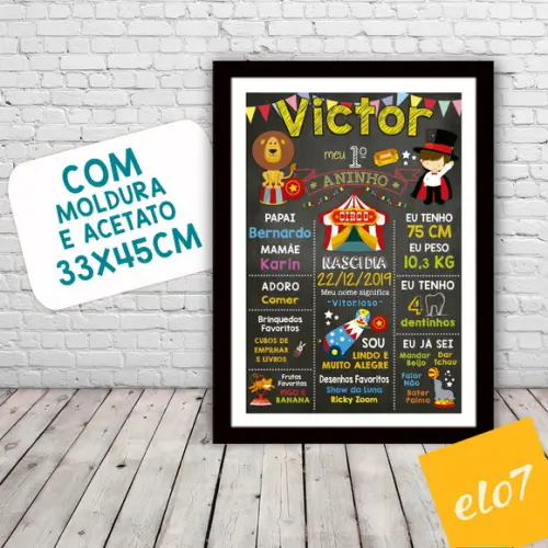 Poster Quadro Chalkboard Aniversário Circo A3 30x42cm