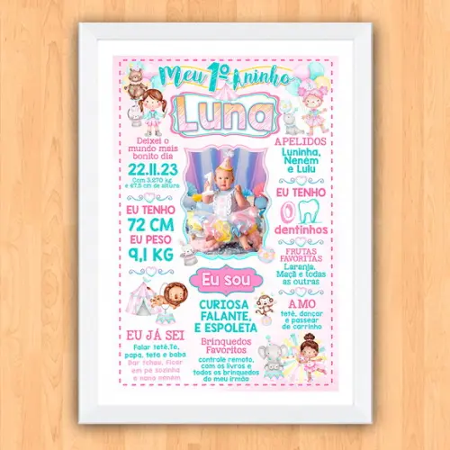 Poster Quadro Chalkboard Aniversário Circo Menina 30x42cm