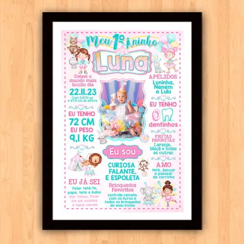 Poster Quadro Chalkboard Aniversário Circo Menina 30x42cm